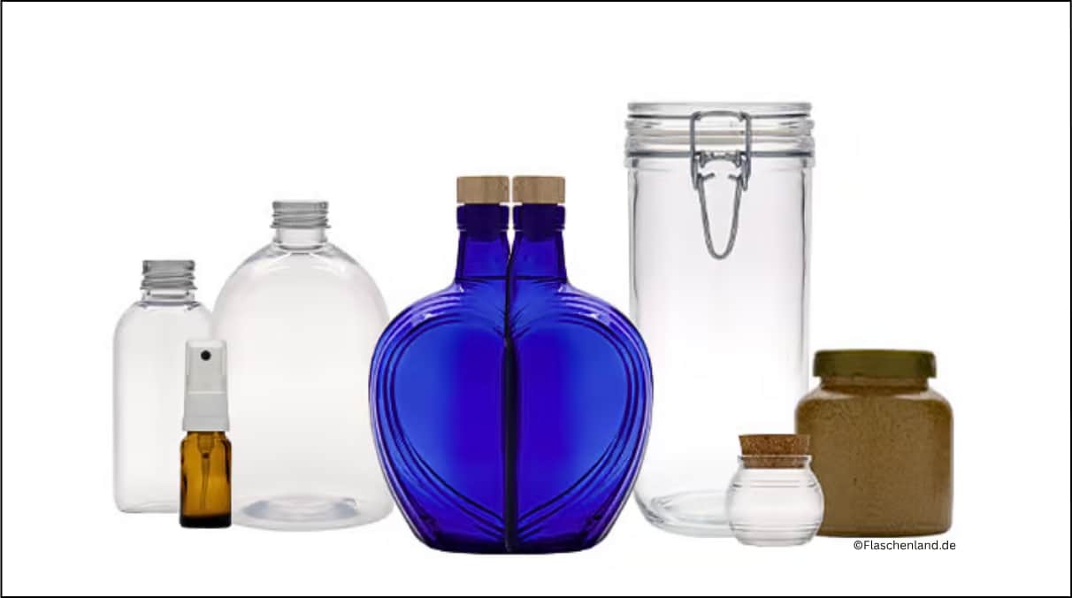 Vor einem neutralen Hintergrund stehen sieben Gefäße aus dem Sortiment von Flaschenland für B2B-Kunden
