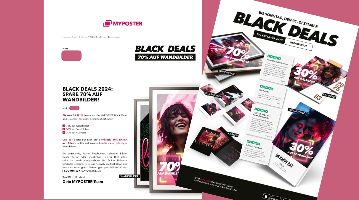 Vorder- und Rückseite eines Print-Mailings: Die Vorderseite (links) zeigt das Anschreiben mit der Abbildung eines Wandbildes mit einer Frau. Auf der Rückseite (rechts) sind unter der Überschrift Black Deals verschiedene Beispiele für Foto-Produkte abgebildet. In der Mitte finden sich in vier grauen Kästen Kundenbewertungen.