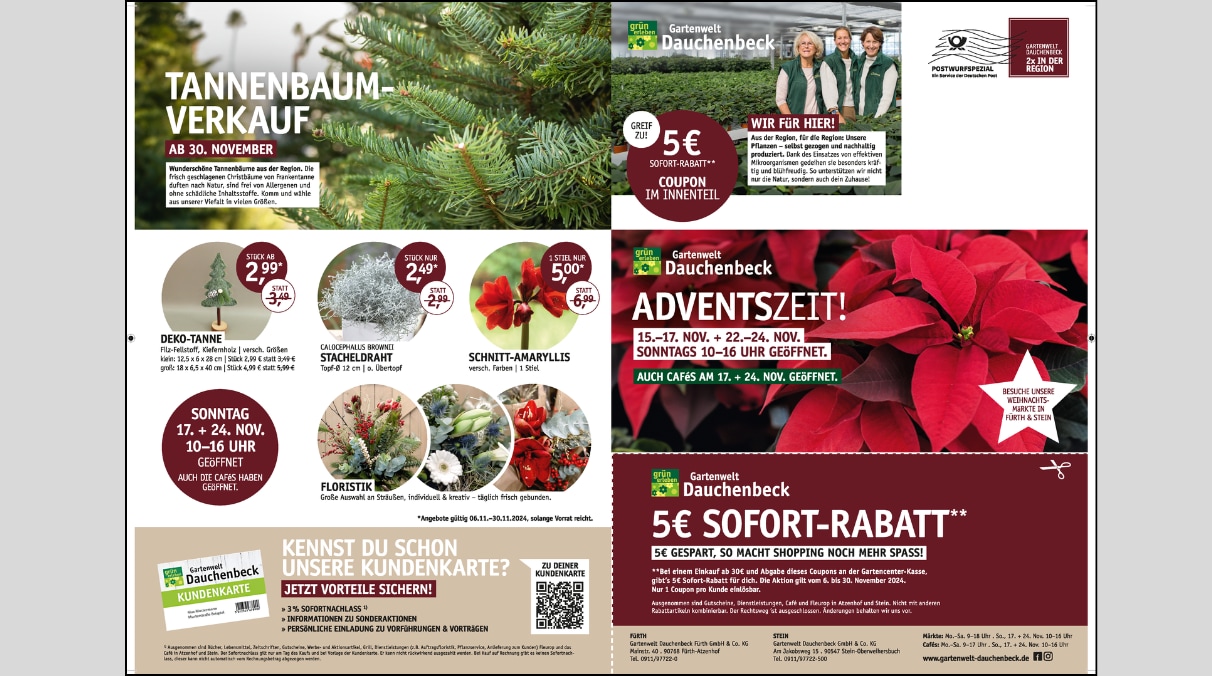 Das Print-Mailing zeigt verschiedende Produkte und Angebote der Gartenwelt Dauchenbeck rund um die Adventszeit.
