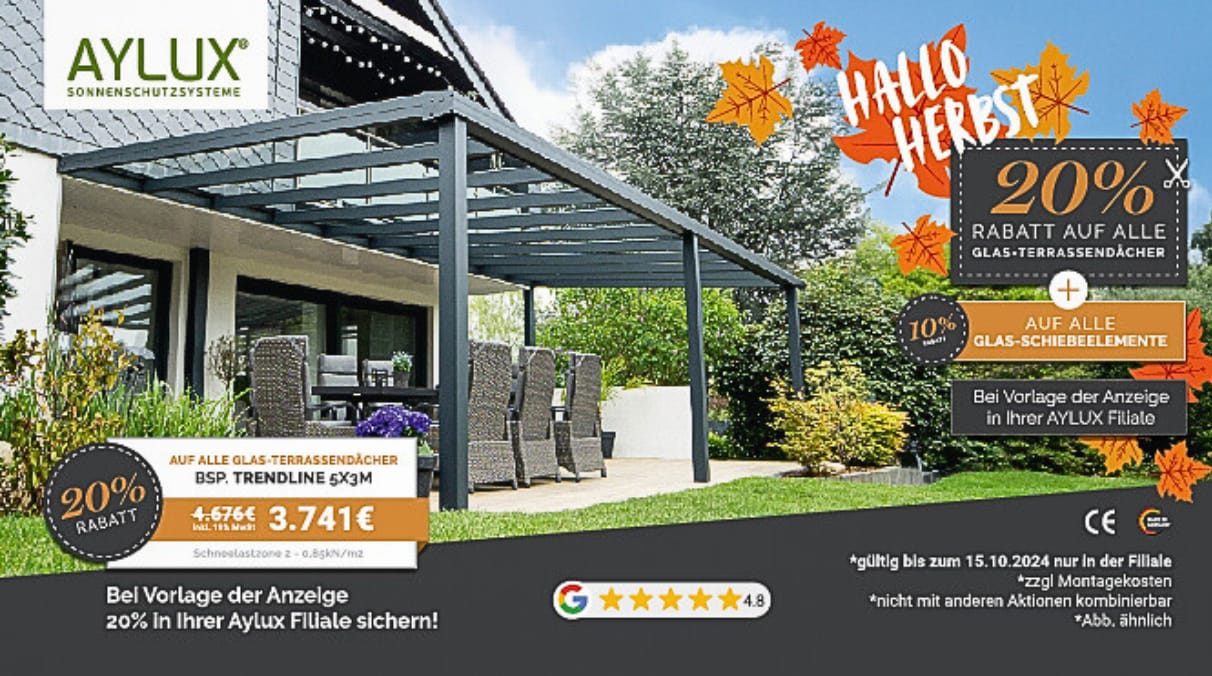 Das Print-Mailing zeigt ein Glas-Terrassendach über einer Terrasse. Darunter steht ein hochwertig anmutender Gartentisch mit Sesseln. Rechts oben wird unter der Überschrift "Hallo Herbst" das Angebot beschrieben: 20 Prozent auf Glasterrassendächer und 10 Prozent auf Glas-Schiebeelemente bei Vorlage der Anzeige in einer Filiale.