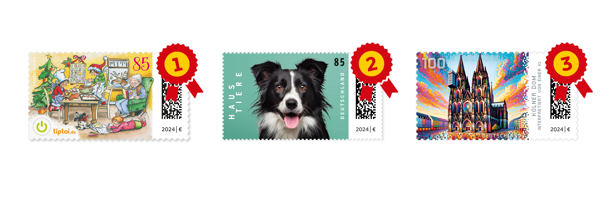 Platz 1, Biefmarke „100 Jahre Disney“, Platz 2 „100. Geburtstag von Loriot“, Platz 3  „Ivenacker Eichen“