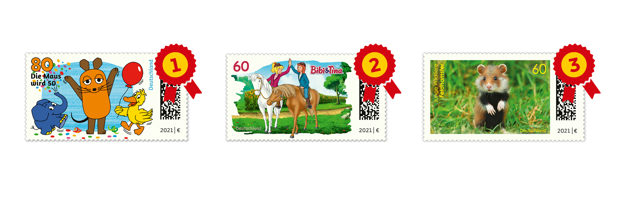 Platz 1, die Maus-Marke; Platz 2, "Bibi & Tina"; Platz 3, der Feldhamster