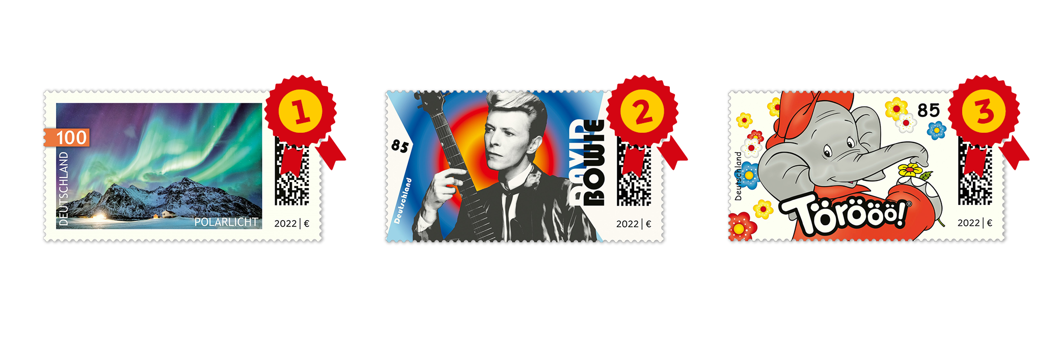 Platz 1, Briefmarke „Polarlicht“; Platz 2 Briefmarke zu David Bowies 75. Geburtstag; Platz 3, Briefmarke Benjamin Blümchen.