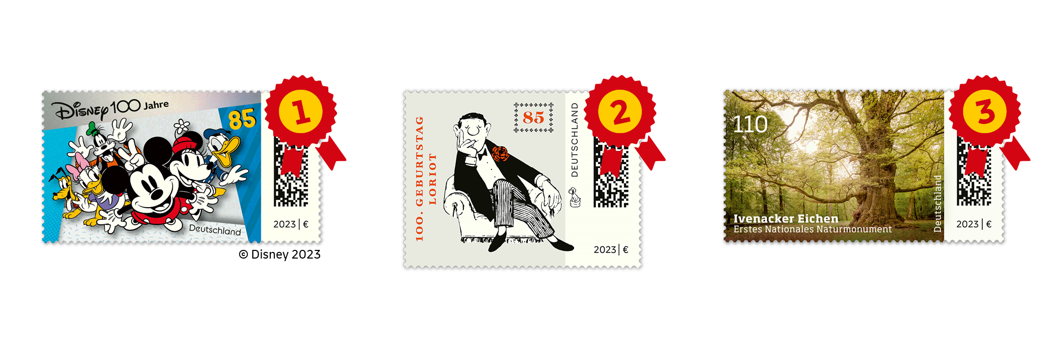 Platz 1, Biefmarke „100 Jahre Disney“, Platz 2 „100. Geburtstag von Loriot“, Platz 3  „Ivenacker Eichen“