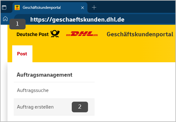 Deutsche-Post-Portal zur Auftragsverwaltung.