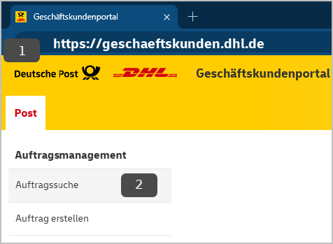 DHL-Geschäftskundenportal mit Optionen zur Auftragsverwaltung.