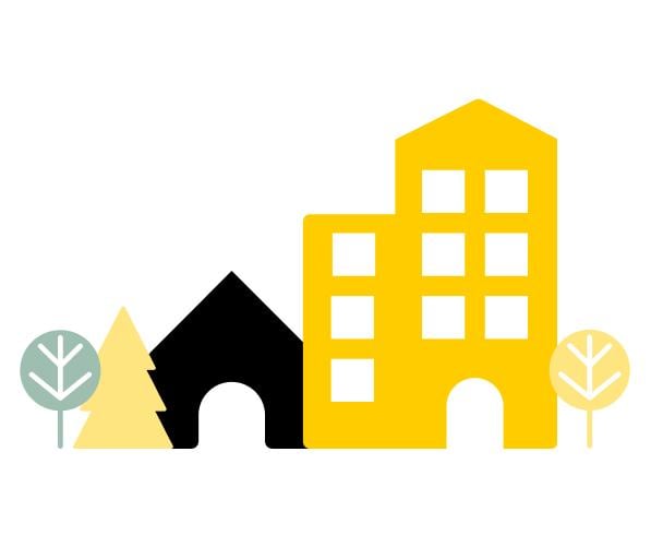 Unabhängig von Unternehmensgröße EPS nutzen! Icon in Post-gelb, welches unterschiedlich große Firmengebäude abbildet