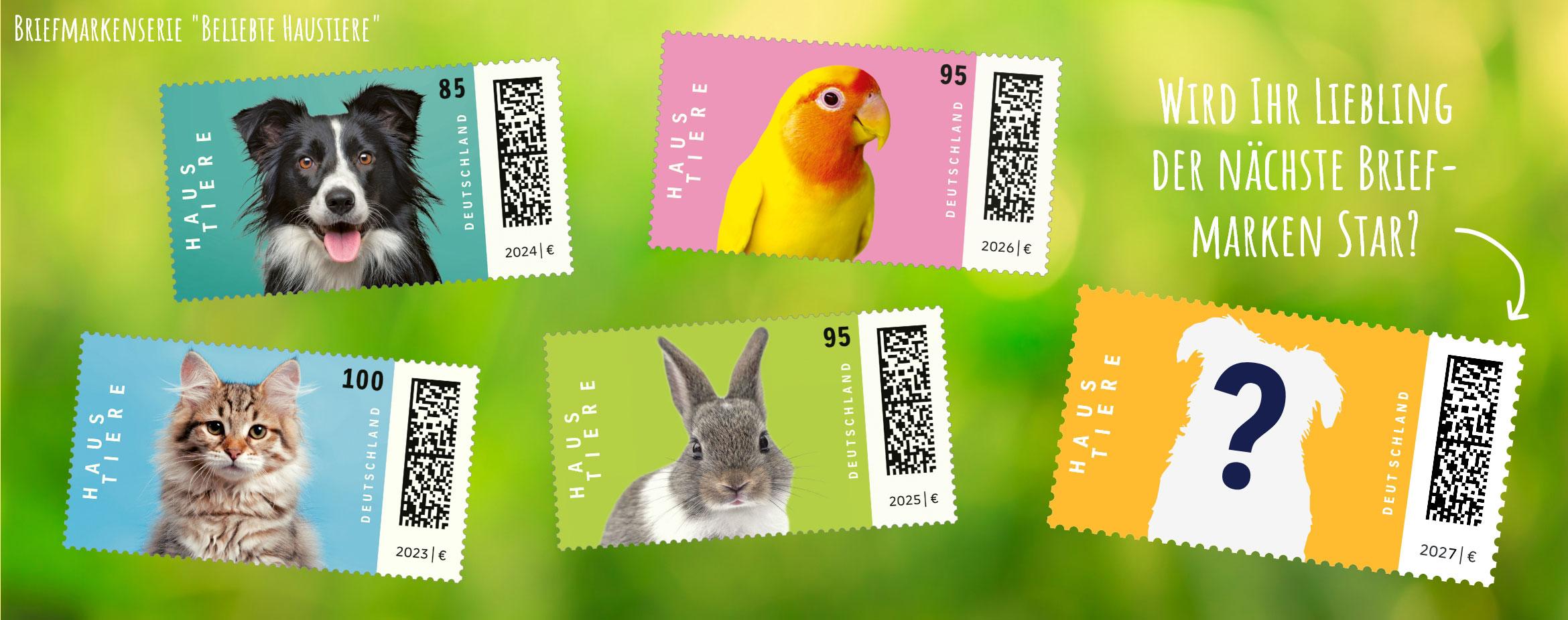 Grafik zur Briefmarkenserie „Beliebte Haustiere“ der Deutschen Post. Gezeigt werden vier Briefmarken mit Haustieren: Katze (2023), Hund (2024), Kaninchen (2025) und Vogel (2026). Daneben ist eine fünfte, noch nicht veröffentlichte Briefmarke für 2027 mit der Silhouette eines Haustiers und einem Fragezeichen dargestellt. Der Text „Wird Ihr Liebling der nächste Briefmarken-Star?“ verdeutlicht, dass ein Fotowettbewerb das Abschlussmotiv der Serie bestimmen soll.