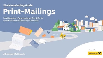 Screenshot des Deckblatts des Direktmarketing-Guides: Print-Mailings, Praxisbeispiele, Expertentipps, Schritt für Schritt Anleitung, Checkliste