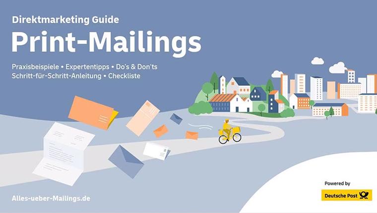 Screenshot des Deckblatts des Direktmarketing-Guides: Print-Mailings, Praxisbeispiele, Expertentipps, Schritt für Schritt Anleitung, Checkliste