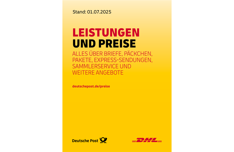 Bild der ersten Seite der Broschüre Leistungen und Preise. Kostenloser Download möglich unter deutschepost.de/preise.