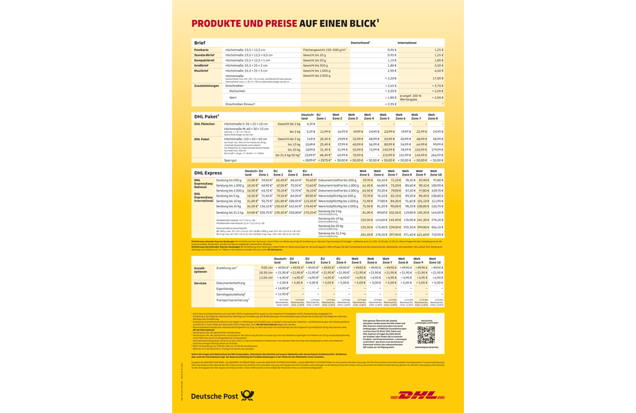 Produkte und Preise auf einen Blick, Bild des Gesamtpreisblatts mit den aktuellen Preisen für Briefe, Pakete und DHL Express Sendungen. PDF Datei kann heruntergeladen werden unter deutschepost.de/preise.