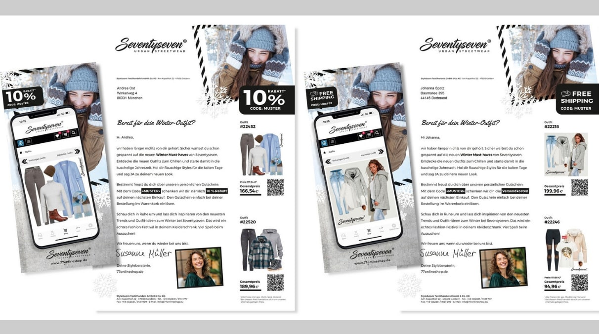 DIe Abbildung zeigt zwei Werbebriefe an verschiedene Adressatinnen  nebeneinander. Der Aufbau ist immer gleich: Ein Smartphone mit Produktabbildung links, ein Text mit persönlicher Anrede in der Mitte, das Bild einer Frau mit Winterkleidung und eine Rabattcode sowie Produktangebote rechts. Die Produktabbildungen und die Rabattcodes unterscheiden sich.