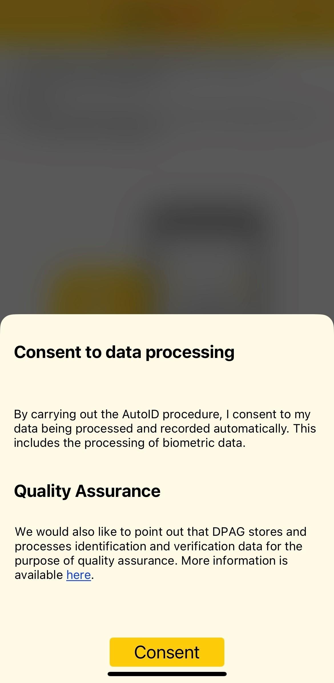 Screenshot of the POSTIDENT app with permission for data processing. The image shows an information text on data processing and quality assurance, as well as a button with the caption “Agree.”