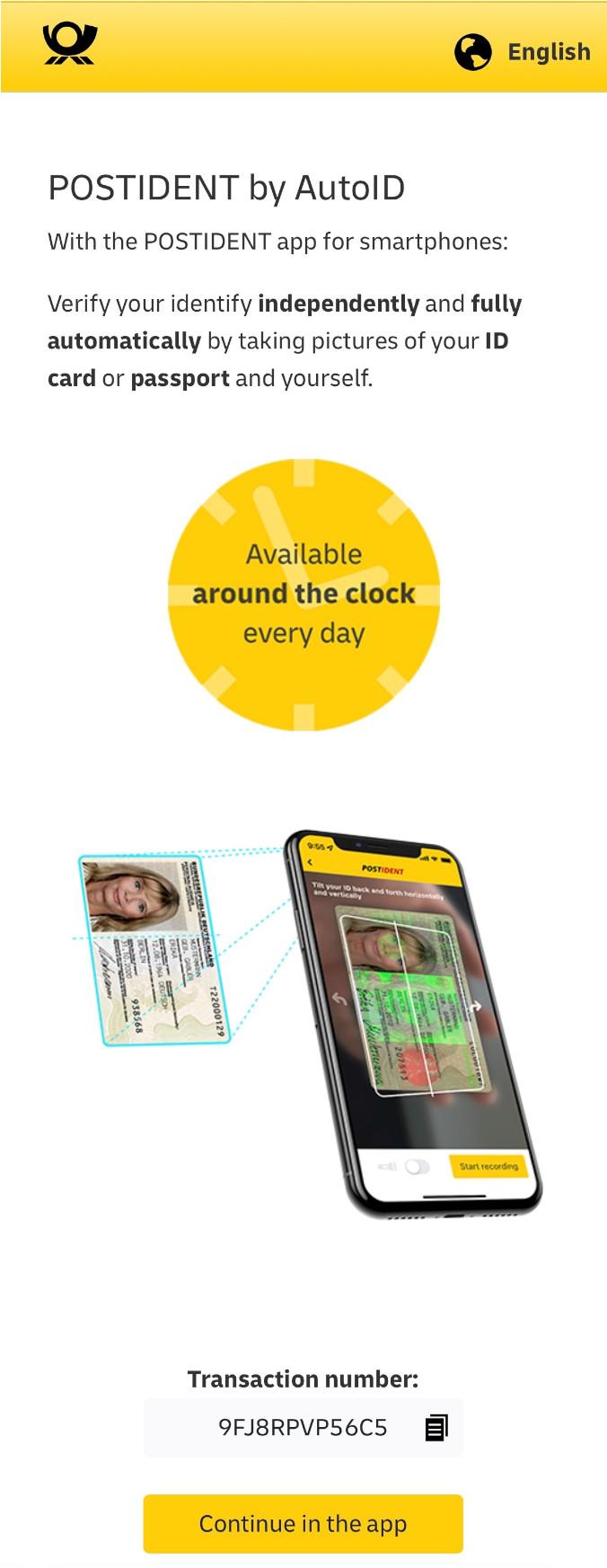 Screenshot of POSTIDENT by AutoID. The image shows an advertisement for the POSTIDENT app for smartphones. Below the advertisement, you will see a placeholder for the 12-digit case ID and a button with the label "Continue in the app."