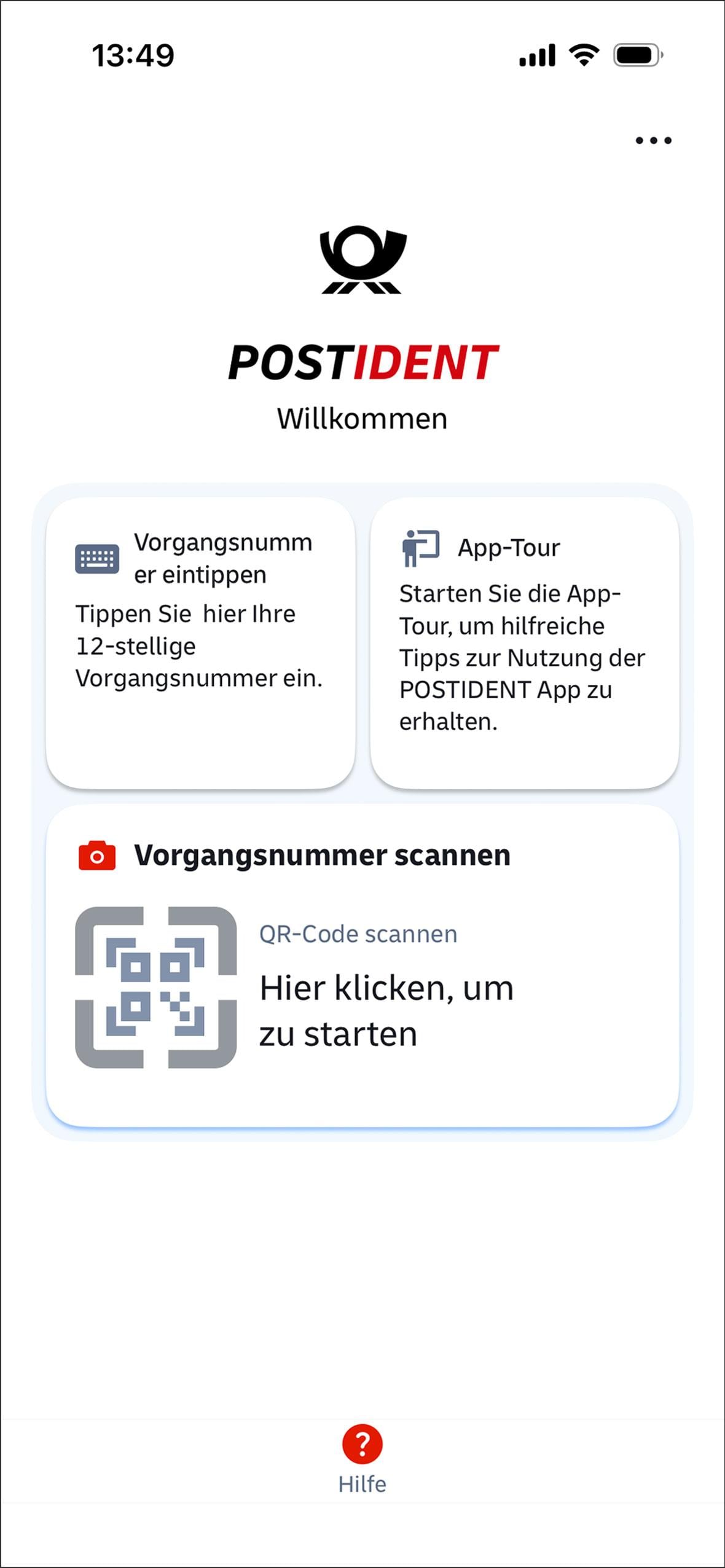 POSTIDENT app home screen with a prompt to enter the transaction number manually; QR code scanning not used.