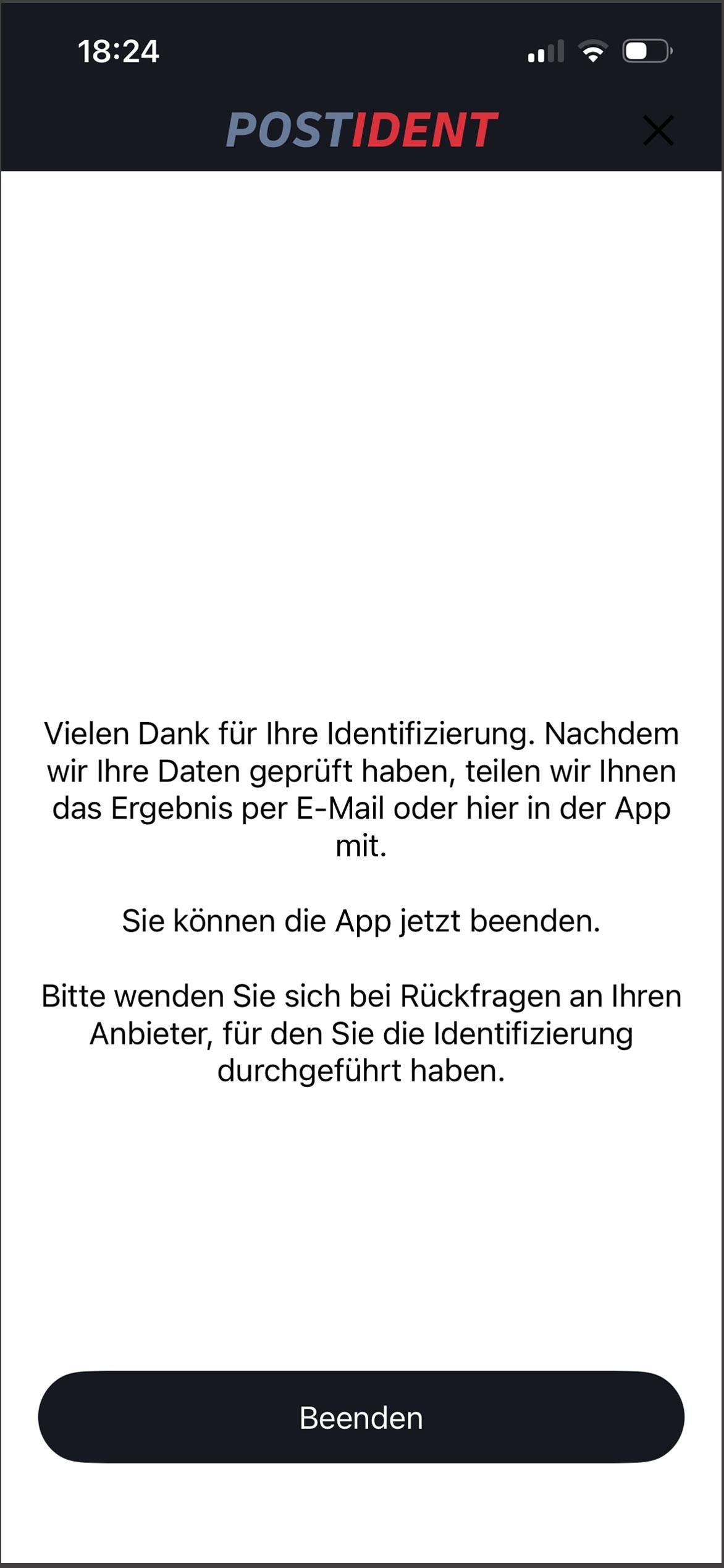 POSTIDENT app home screen to complete the process with a note that the result of the data check will be communicated by email and in the app, as well as the 'Finish' button.