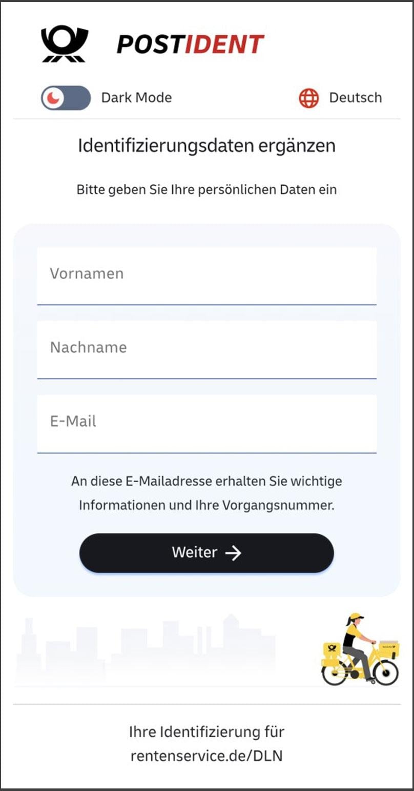 Form for entering first and last name and e-mail address; note that important information will be sent to this e-mail; 'Next' button.