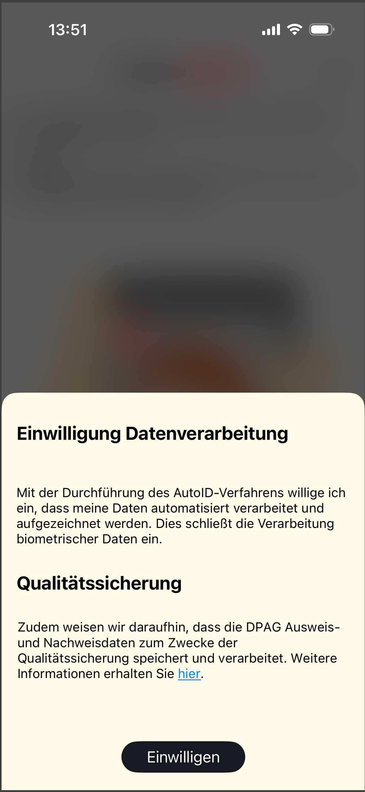 POSTIDENT-App-Seite mit Informationen zur Datenverarbeitung und Qualitätssicherung sowie Schaltfläche 'Einwilligen'.