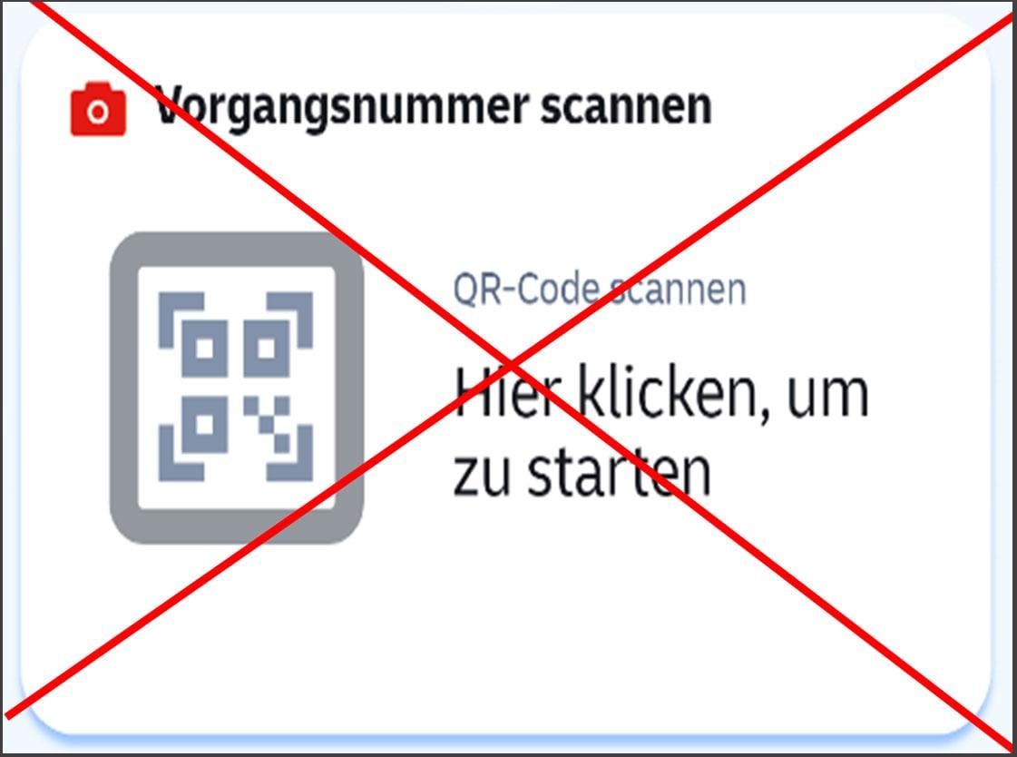 Excerpt from the POSTIDENT app home screen with the button for scanning the transaction number crossed out; do not use this option.