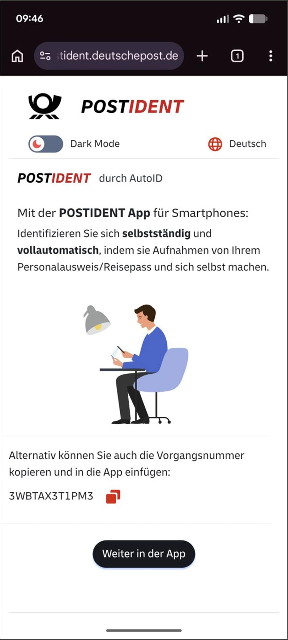 POSTIDENT AutoID page with display of the 12-digit transaction number, copy function and 'Continue in the app' button.
