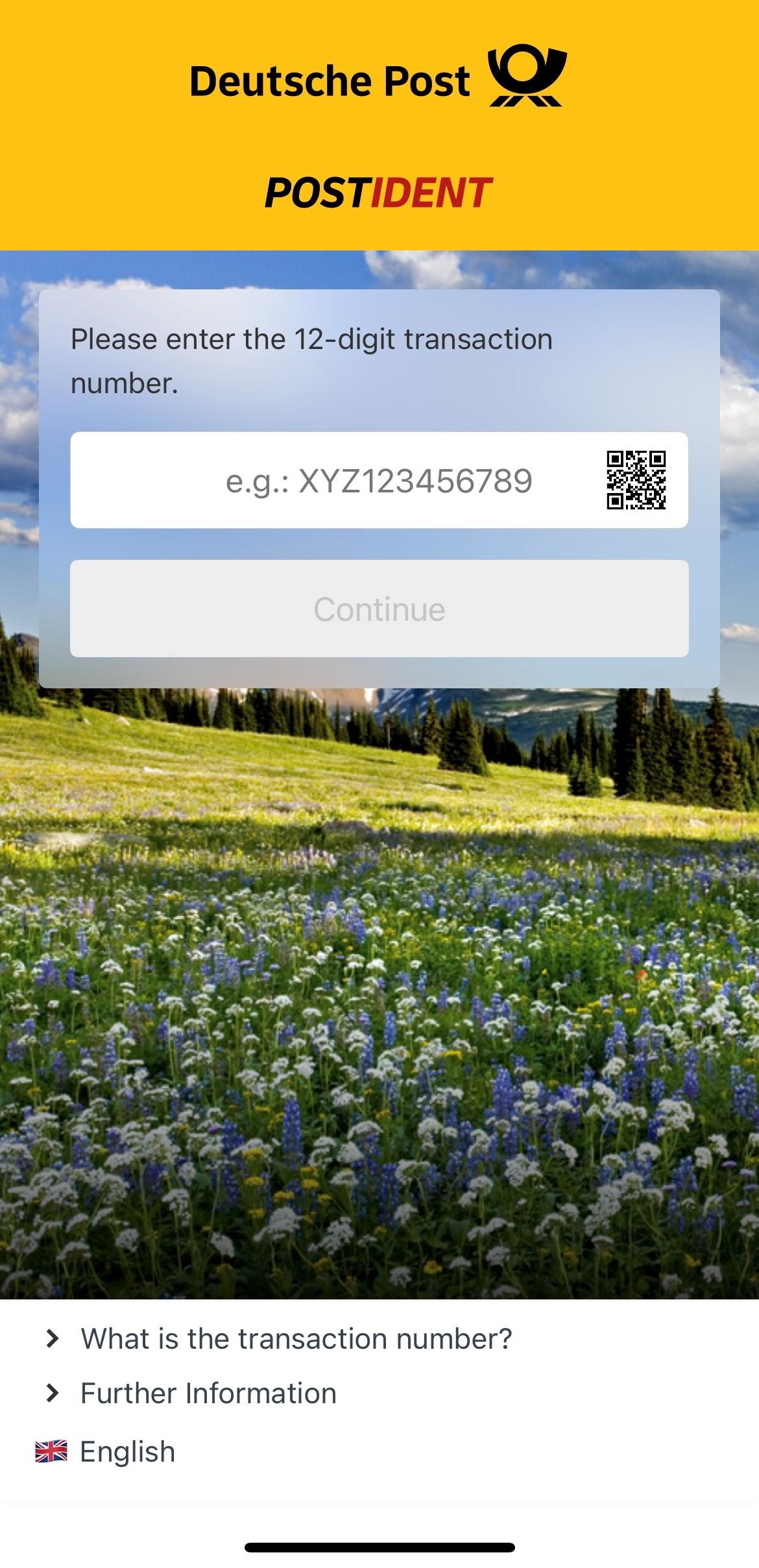 Screenshot of the POSTIDENT app with a placeholder for the 12-digit case number. The image shows a filled-out placeholder and a button with the caption “Continue.”