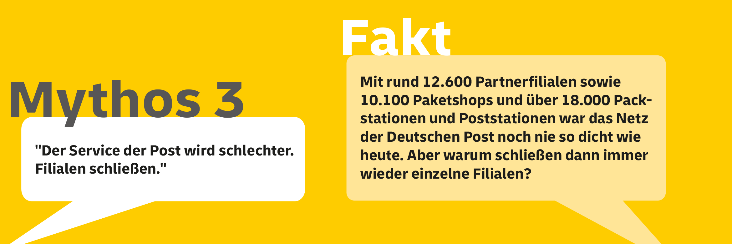 Mythos 3: "Der Service der Post wird schlechter, Filialen schließen." Fakt: Mit ca. 12.600 Partnerfilialen sowie 10.100 Paketshops und über 18.000 Packstationen und Poststationen war das Netz der Deutschen Post noch nie so dicht wie heute. Aber warum schließen dann immer wieder einzelne Filialen?