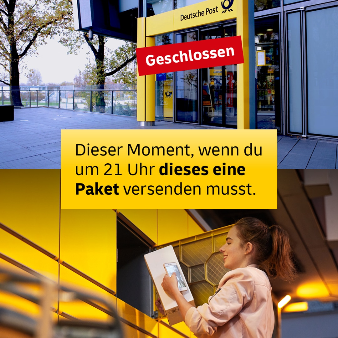 Frau steht spät abends an einer geschlossenen DHL-Packstation. Text auf dem Bild: „Dieser Moment, wenn du um 21 Uhr dieses eine Paket versenden musst.“