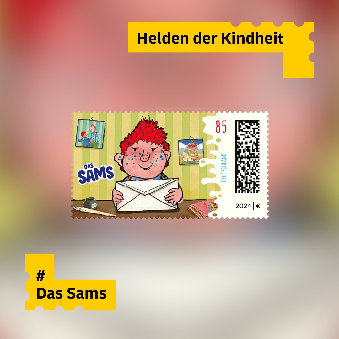 Briefmarke mit Illustration der bekannten Kinderbuchfigur „Das Sams“ in bunter Umgebung. Text: „Helden der Kindheit“ und Hashtag #DasSams.