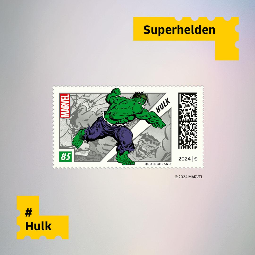 Briefmarke mit Comic-Zeichnung des Superhelden Hulk, dargestellt in Aktion mit erhobener Faust. Kategorie „Superhelden“ und Hashtag #Hulk sichtbar.