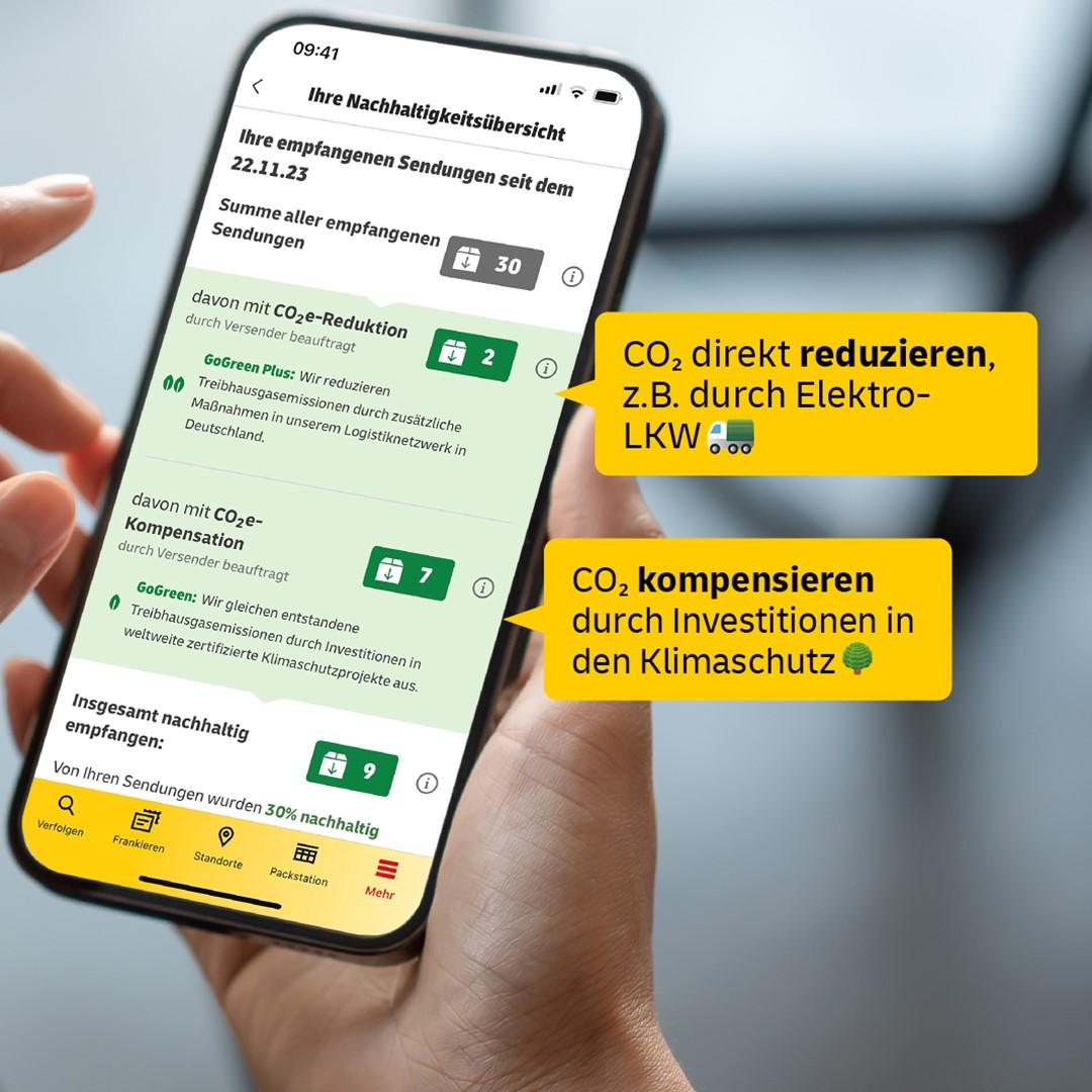 Smartphone mit geöffneter GoGreen Plus-Ansicht der Deutschen Post. Auf dem Bildschirm Informationen zu CO2-Reduktion und -Kompensation durch klimafreundliche Versandoptionen.