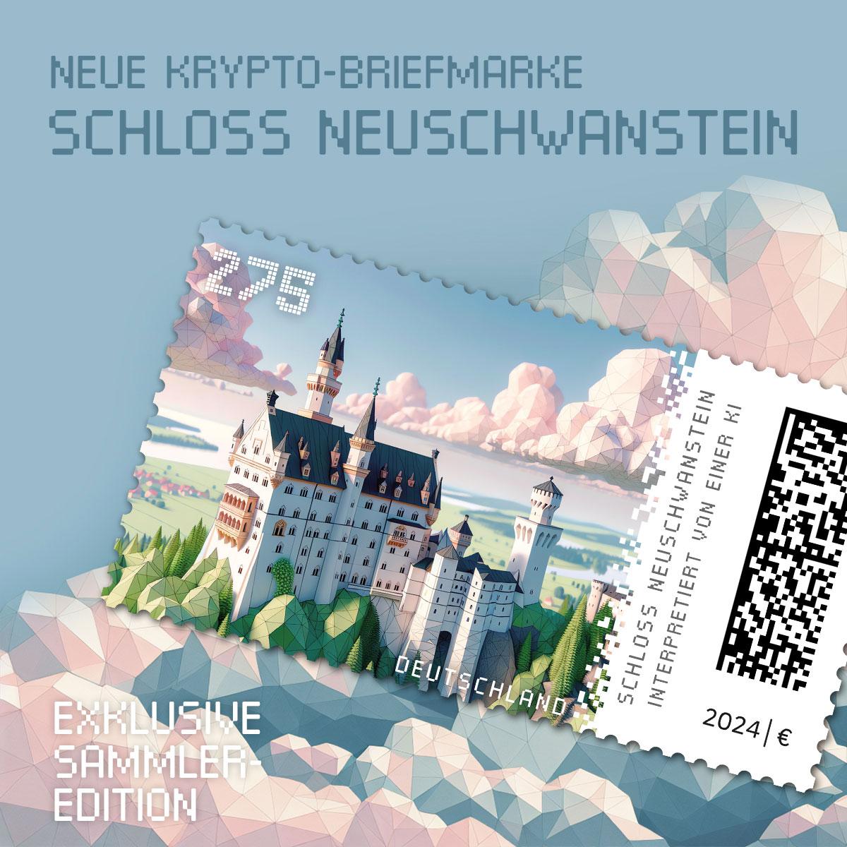 Krypto-Briefmarke mit Illustration von Schloss Neuschwanstein. Der Hintergrund zeigt stilisierte Berge und Wald in Pastelltönen. Text verweist auf eine Sammel-Edition.