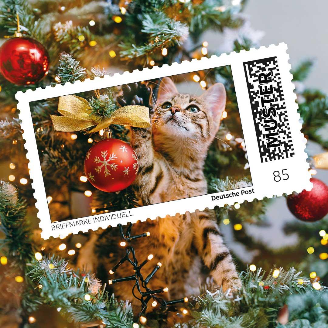 Individuelle Briefmarke mit einem weihnachtlichen Motiv: Eine Katze sitzt im geschmückten Weihnachtsbaum zwischen Kugeln und Lichtern.