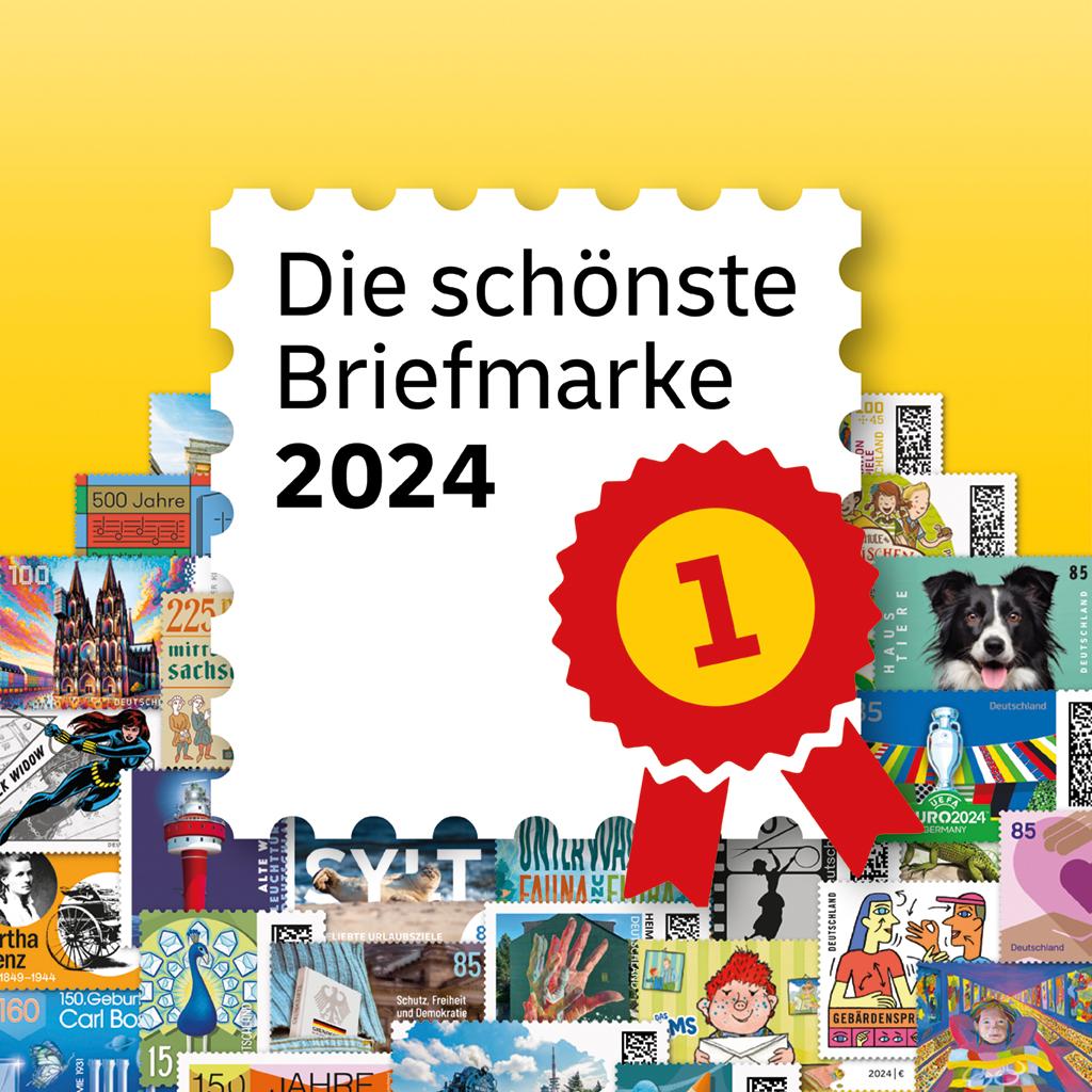 Gestaltung zur Wahl der schönsten Briefmarke 2024. Eine große Briefmarke mit der Zahl 1 im Vordergrund, umgeben von vielen kleineren, bunten Briefmarkenmotiven.