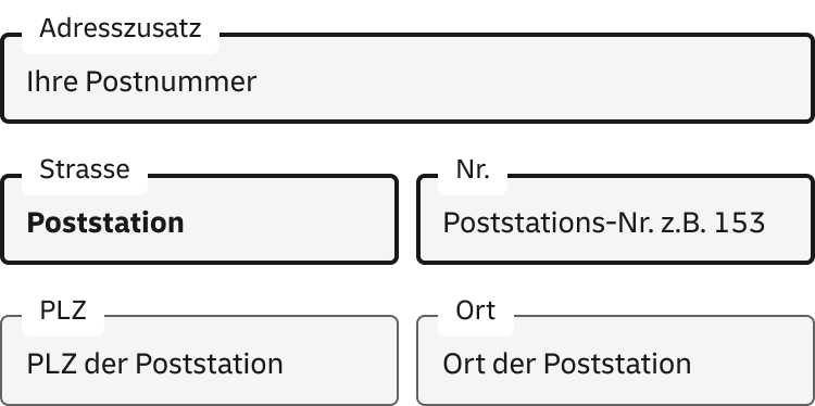 Die Abbildung zeigt Adress-Eingabefelder. Der nächste Absatz erklärt detailliert die korrekte Adresseneingabe für eine Poststation.