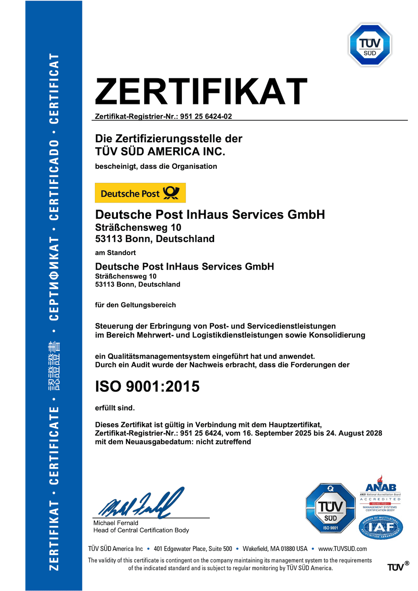 Abbildung des Zertifikats für Qualitätsmanagement nach ISO 9001:2015