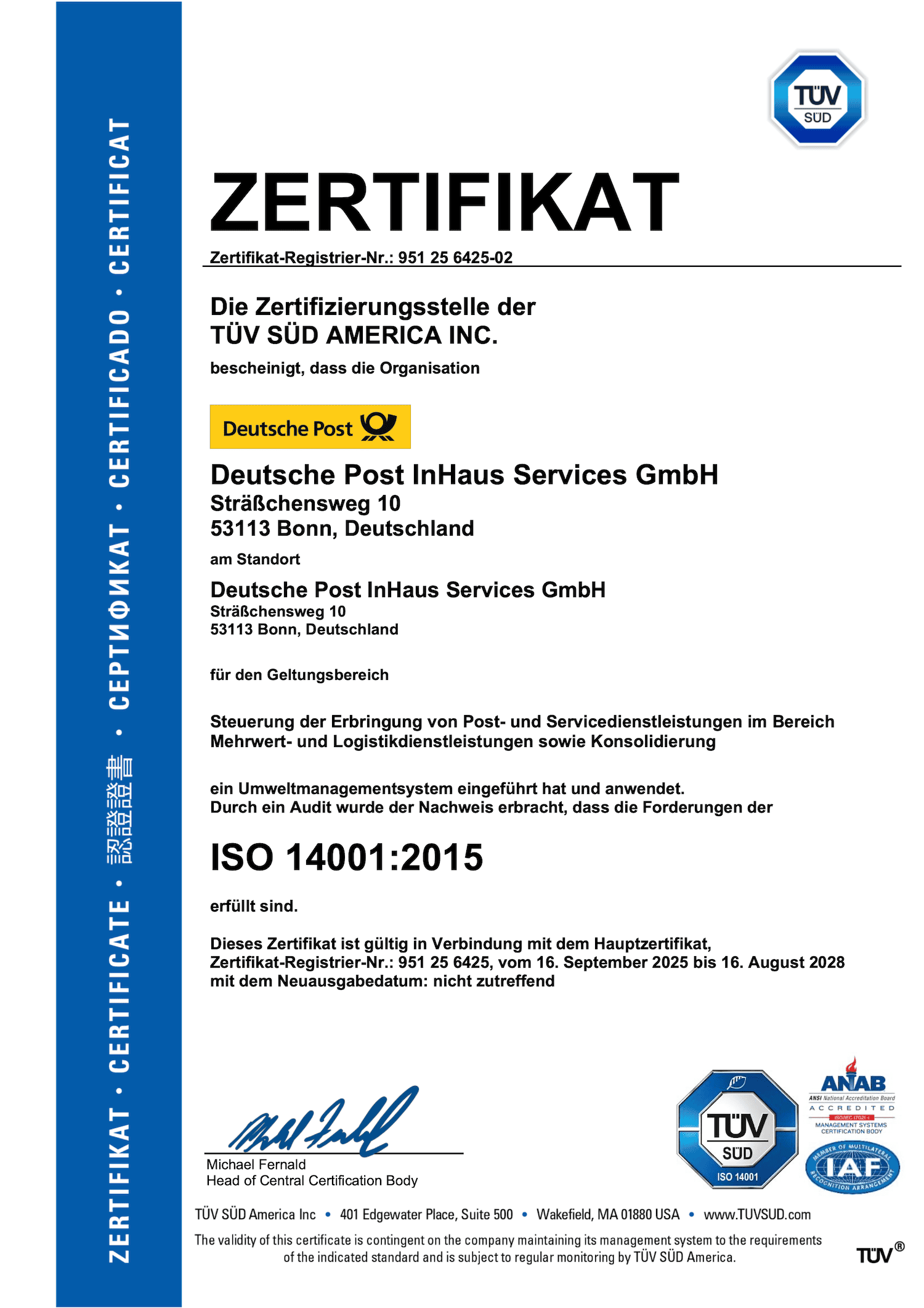 Abbildung des Zertifikats für Umweltmanagement nach ISO 14001:2015