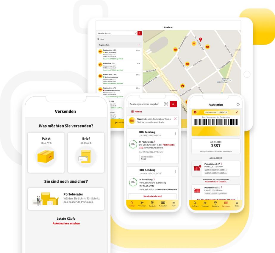 Beispielhafte Screenshots der mobilen Nutzung der Deutsche Post & DHL App