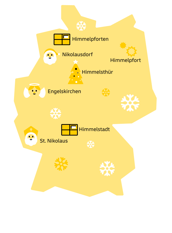 Deutschlandkarte mit den Adressen vom Weihnachtsmann in Himmelpfort und Himmelsthür, den Adressen vom Christkind in Engelskirchen, Himmelpforten und Himmelstadt und den Adressen vom Nikolaus in Nikolausdorf und St. Nikolaus.